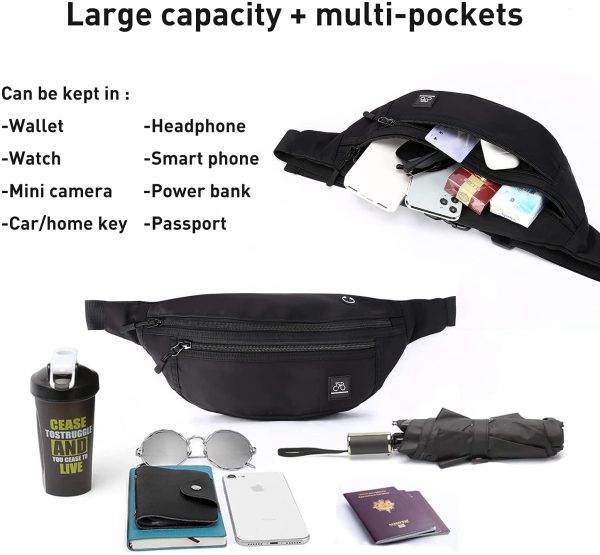 Large Waterproof Waist Bag Bumbags for Men Women Ladies Black Fanny Pack for Travel Festival Walking Sport Running Outdoor Gym Workout Exercise Black Hip Pouch Money Belt Bag with Adjustable Strap1 - Image 3