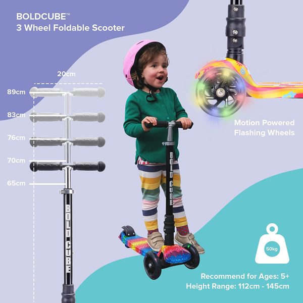 BOLDCUBE Kids 3 Wheel Kick Scooter - Lean to Steer - Foldable & Height Adjustable - Flashing LED Lights - Replaceable Parts - Suitable for Girls & Boys Ages 5 + Gifts for Kids Birthday and Christmas - Image 4