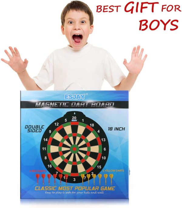 Esjay 18 inch Magnetic Dart Board Set, Safe Dart Game for Kids, Best Boy Toys Gift Indoor Outdoor Game with 12 Darts, Double Sided Large Size Dartboard - Image 7