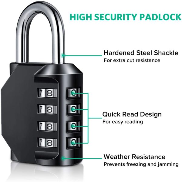 Padlock, BeskooHome Code Padlock, Gym Padlock, 4 Digit Outdoor Waterproof Resettable Combination Padlock for School Gym Locker, Shed, Cabinet, Tool Box, Garage, Gate, (1 Pack Black) - Image 4