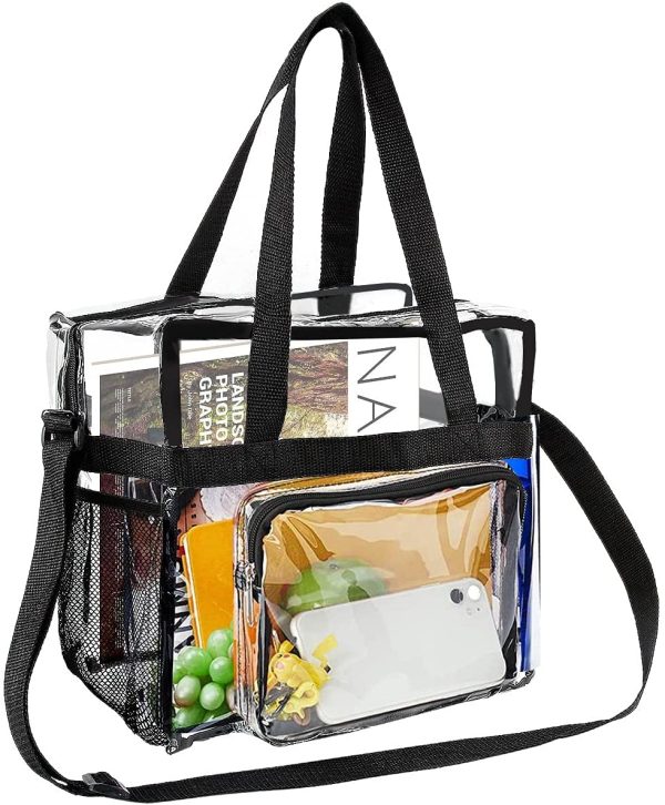 M MUNCASO Clear Tote Bag, Large Toiletry Bag Clear Crossbody Makeup Bag Waterproof Transparent PVC Bag with Adjustable Shoulder Strap and Zipper Closure Perfect for Work, Sports Games, Concert (Black)