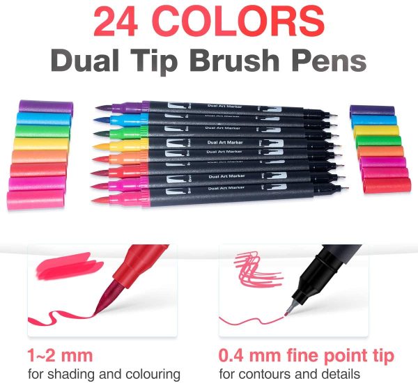 Dual Tip Brush Pens for Adult Colouring Books, 24 Colors Fineliners Colouring Pens for Bullet Journal, Dual Felt Tip Pens, Coloured Pens, Fineliner Pens for Drawing, Lettering, Sketching, Calligraphy - Image 5