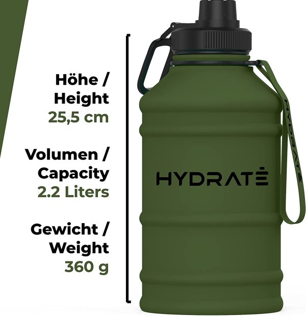 HYDRATE Stainless Steel 1.3 and 2.2 Litre Water Bottle Options - BPA-free Metal Gym Water Bottle - Convenient Nylon Carrying Strap and Leak-Proof Screw Cap - Image 2