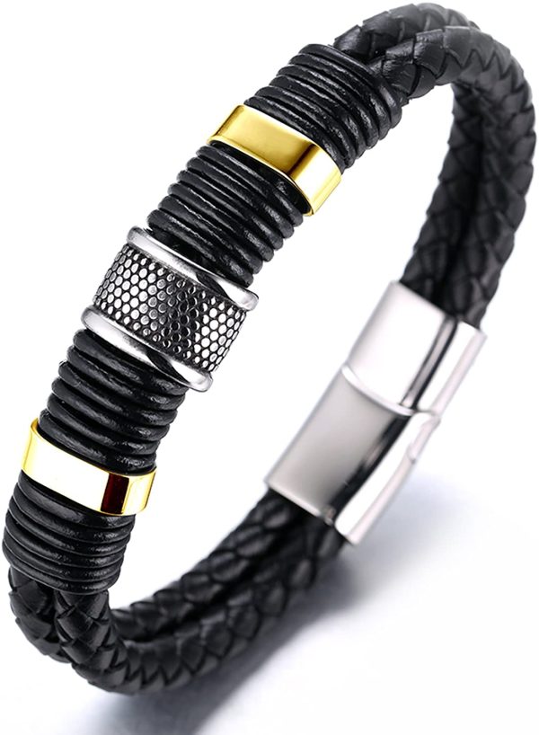 HALUKAKAH Kids ?? Solo Junior ?? Boy's 6-12+3 Y/O. Black Cowhide Leather Bracelet 18k Real Gold/Platinum Plated Titanium Beads Golden Silver Magnetic Clasp Size Adjustable 18-19.5cm with Free GIftbox