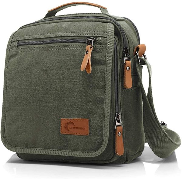 CHEREEKI Canvas Bag, Shoulder Bag Messenger Bag with Multiple Pockets (Hold 10 inch Tablet, iPad, Kindle) (Army Green) - Image 2