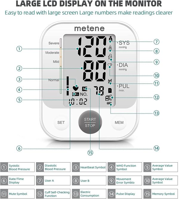 Metene Blood Pressure Monitor Upper Arm BP Cuff Machine, Accurate Automatic High Blood Pressure Machine Kit with Large Cuff 22-40cm, Pulse Rate Monitor for Home Use - Image 8