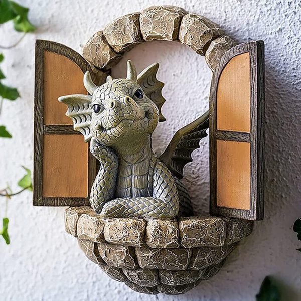 Courtyard Dinosaur Sculpture Wall Decoration, Weatherproof Resin Statue Miniatures, Lovely Dragon Garden Ornaments for Patio Yard (Dinosaur) - Image 3