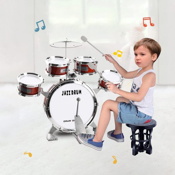 Junior Kids Drum Kit??Toddler Jazz Drum Toy 5 Drums & Cymbal Kit with Stool Mini Band Rock Set - Realistic Design Musical Instrument Percussion Toy Xmas Gift for Beginners Boys Girls, Red - Image 4