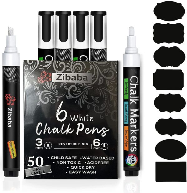 Chalk Pens White (6 pack) with 52 Jar Labels Chalk Markers for Chalkboard Signs, Windows, Blackboard, Glass - Chisel + Round (6mm & 3mm) Reversible Tip - Image 2