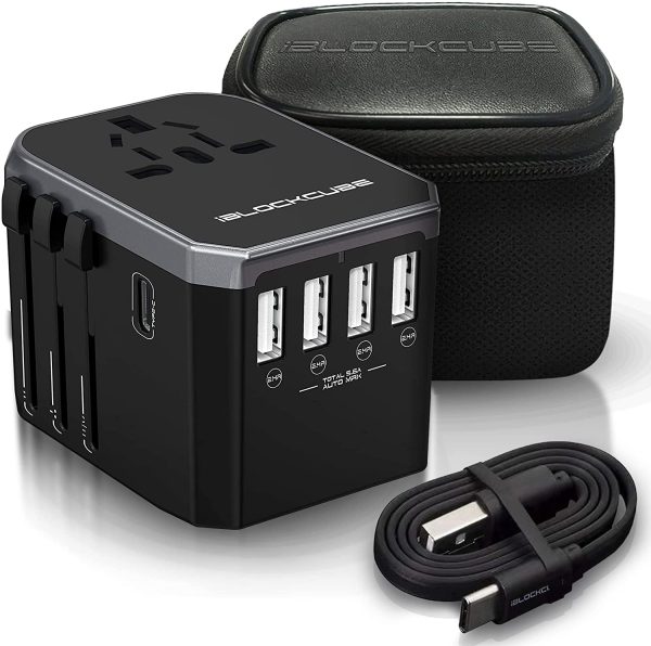 iBlockCube? Universal Travel AC Power Plug Adapter with International Socket & 4 USB 5.6A + 1 Type-C 3.0A Smart Ports Work for US EU AU UK up to 150+ Countries Worldwide Type A G I (Silver) - Image 2