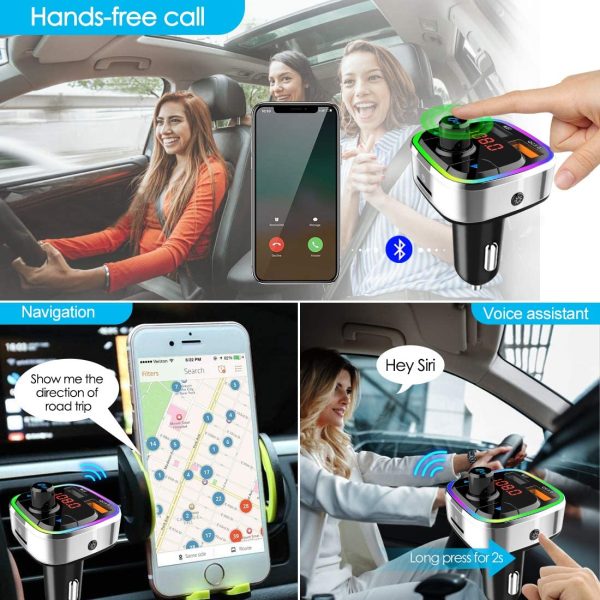 Bluetooth 5.0 Car FM Transmitter, Wireless Bluetooth Car Radio Audio Adapter Hands-free Car Kit with QC3.0 & 5V/2.4A USB Car Charger, Colorful Backlit, Mp3 Music Player Support TF Card/USB for iPhone - Image 2