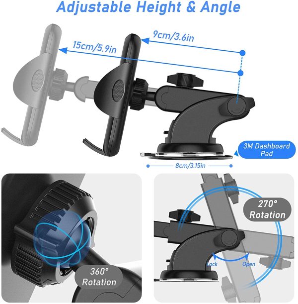 Blukar Car Phone Holder, Universal Car Phone Mount Cradle - 3 in 1 Super Stable for Car Dashboard/Windscreen/Air Vent - One Button Release and 360?? Rotation for All 4.7 to 6.7 inch Smartphones - Image 4