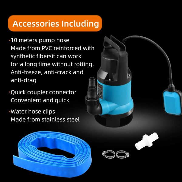 KATSU 400W Portable Submersible Pump for Clean and Dirty Water 8000L/h for Garden Pond, Pools, Ditches + 10m 1" PVC Hose + Quick Coupler Connector + Float Switch - Image 7