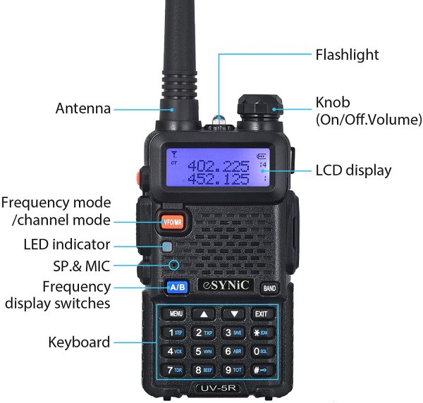 eSynic UV-5R Walkie Talkie Dual Band VHF/UHF with LED Display 128 Memory Channel with flashing Alarm and Radio Function Supports VOX for Construction Site Hotel Outdoor Adventure with USB Charge Base - Image 4