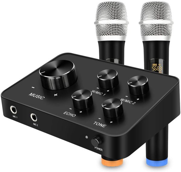 Portable Karaoke Microphone Mixer System Set, with Dual UHF Wireless Mic, HDMI & AUX In/Out for Karaoke, Home Theater, Amplifier, Speaker