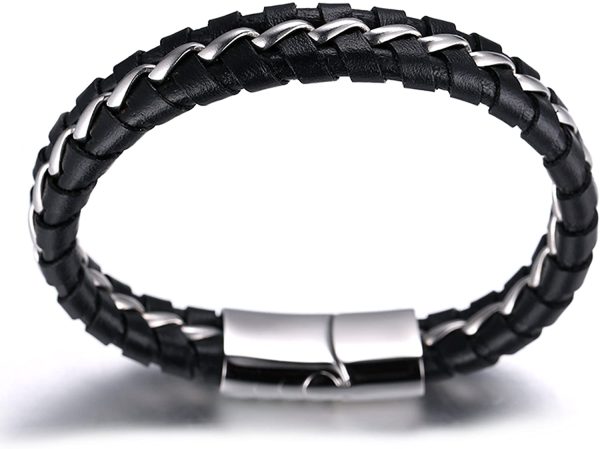 HALUKAKAH Kids ?? Solo Junior ?? Boy's Genuine Leather Bracelet Black 6-12 Y/O. Titanium Silver Chain Magnetic Clasp 7"/18cm with Free Giftbox - Image 3