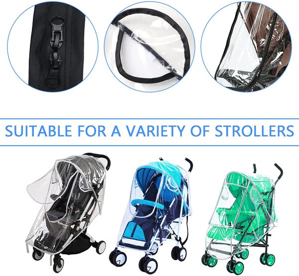 Universal Rain Cover for Pushchair Stroller, Food Grade EVA, Rain Cover for Pushchair Pram with Nylon Waterproof Zipper, Water Resistant and Durable Transparent Baby Shield Fit Most Strollers (Black)