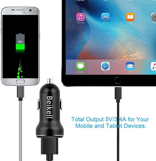 Beikell Car Charger, Rapid Dual Port USB Car Charger with Smart Device-Adaptive Charging Technology for iPhone 13/XS/XR/XS Max, Galaxy S9, and Other iOS And Android Smart Phones and Tablets - Black