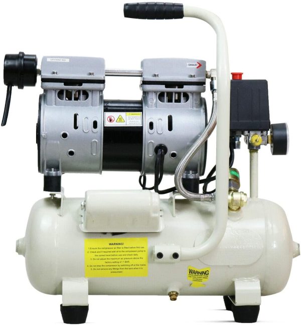 Low Noise Electric Air Compressor, 550W Air Compressor, 4CFM, 100PSI Oil Free Air Compressor, 8 Litre Tank Capacity, 2 Year Warranty, Quick Release Fittings UK 13 Amp Plug, White