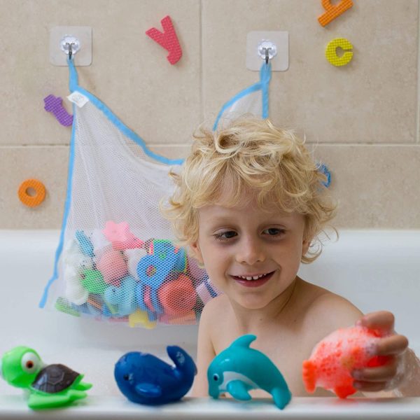 COSY ANGEL Baby Bath Toy Bag for Bath Toys Large Organiser Bathroom Storage Net with 4 Waterproof Self Adhesive Hooks (Blue) - Image 2