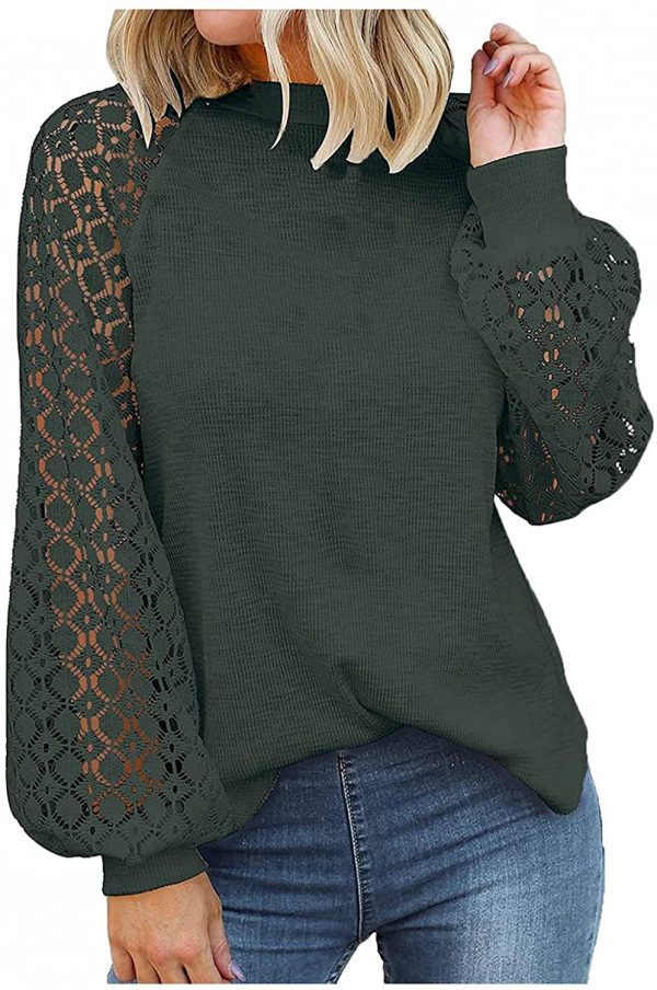 Celucke Fashion Women's Winter Sexy Tops Blouse Casual, Hollow Lace Stitching Long Sleeve Solid Color Round Neck Lace Loose Fit Comfy Warm Stretchy Shirts - Image 5