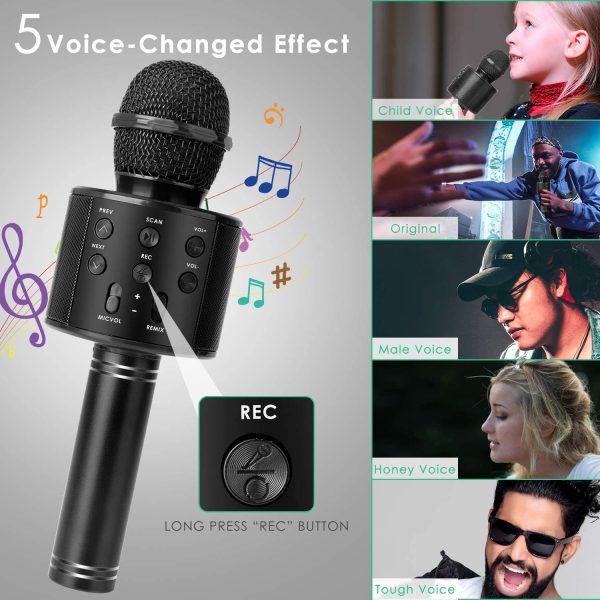 Karaoke Wireless Bluetooth Microphone, 5-in-1 Portable Handheld Karaoke Mic Speaker Player Recorder with Adjustable Remix FM Radio for Kids Adults Birthday Party KTV Christmas (Black) - Image 7