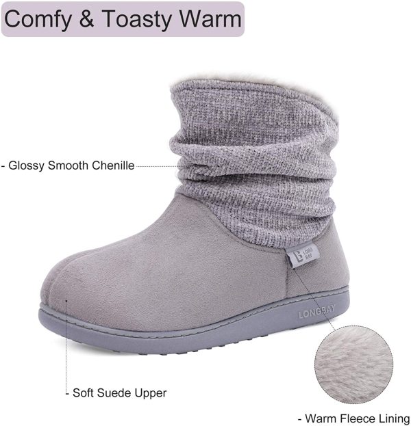 LongBay Ladies' Warm Chenille Knit Bootie Slippers Comfy Suedette Fluffy Faux Fur Memory Foam Boots House Shoes - Image 3