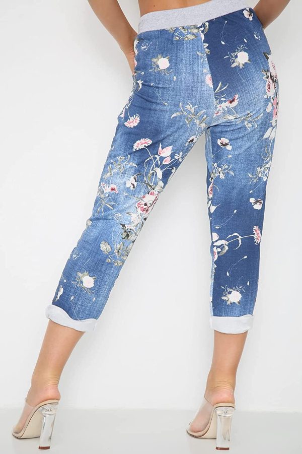 Crazy Fashion Women??s Ladies Denim Joggers Star Printed Sweatpants Floral Ribbed Waistband Trousers Ladies Casual Summer Drawstring Italian Gym Running Pants Plus Size 8-26 - Image 2