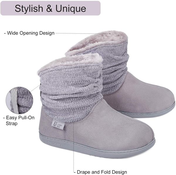 LongBay Ladies' Warm Chenille Knit Bootie Slippers Comfy Suedette Fluffy Faux Fur Memory Foam Boots House Shoes - Image 5