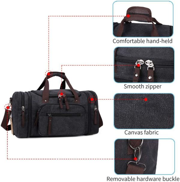 Canvas Duffle Bags,Fresion New Two Side Pockets for Extensions for Unisex Weekend Daypack Large Holdall Travel Bag ??Black??(Expansion Capacity: 58 * 25 * 30cm) - Image 3