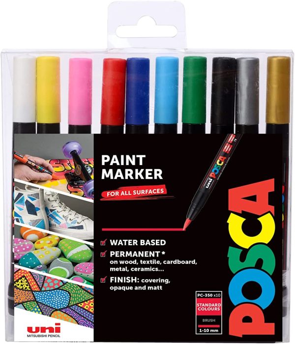 POSCA PCF-350 Water Based Permanent Marker Paint Pens. Premium Fine Brush Tip For Arts And Crafts. Set Of 10 Vibrant Colours - Image 2