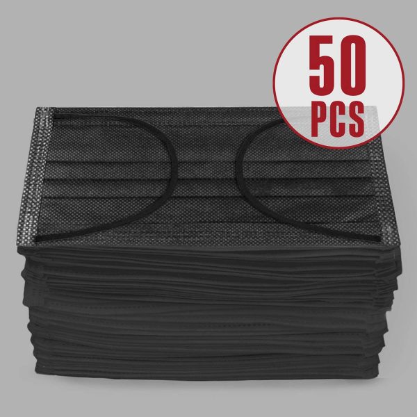 Harley Street Care Disposable Black Face Masks Protective 3 Ply Breathable Triple Layer Mouth Cover with Elastic Earloops (Pack of 50)