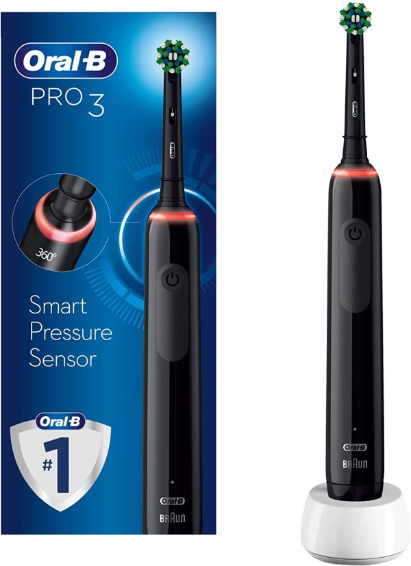 Oral-B Pro 3 Electric Toothbrush with Smart Pressure Sensor, 1 Cross Action Toothbrush Head, 3 Modes with Teeth Whitening, Gifts for Men/Women, 2 Pin UK Plug, 3000, Black