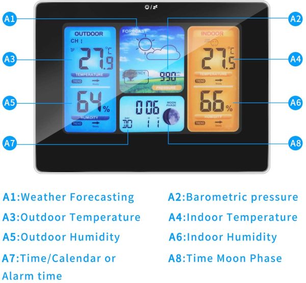 Powcan Weather Stations Wireless Indoor Outdoor with Alert and Temperature/Humidity/Barometric/Forecast/Moon Phase/Alarm Clock, LCD Digital Weather Station with Outdoor Sensor for Home Office (Black) - Image 3