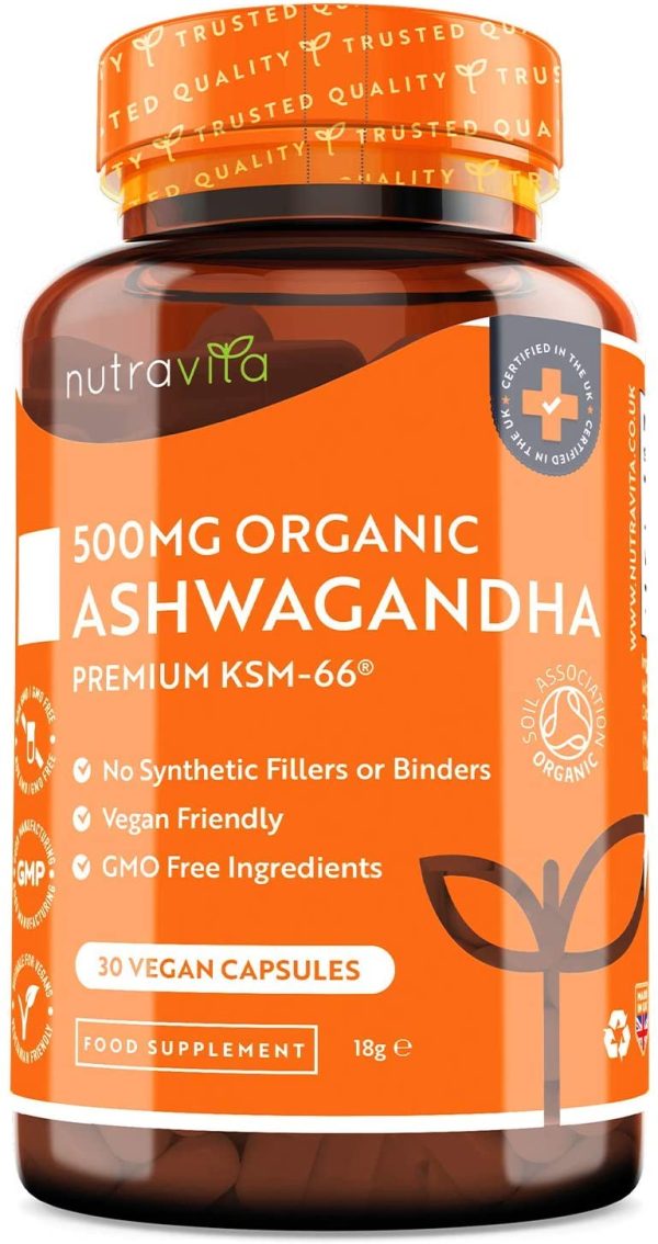 Organic Ashwagandha KSM-66 ? with 5% Withanolides - Most Bioavailable Full-Spectrum Root Extract - Vegan Capsules - Made in The UK by Nutravita