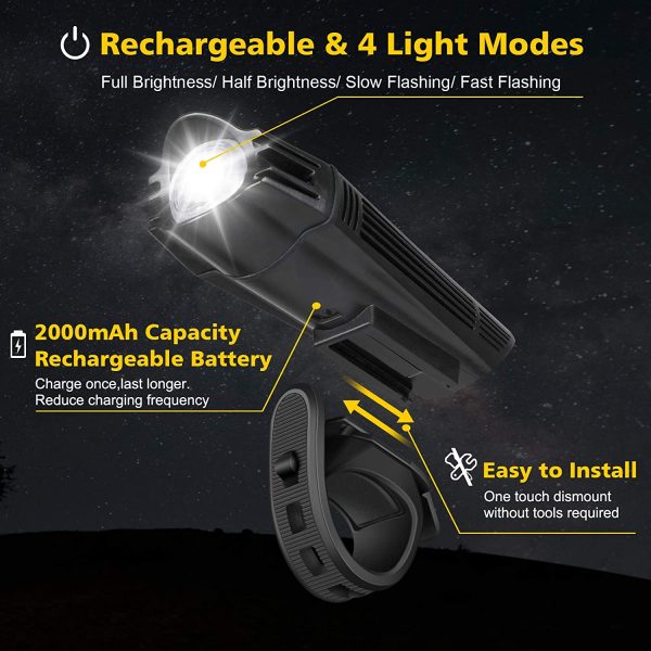 Defurhome Super Bright Bike Light Set, Powerful LED USB Rechargeable Front Headlight and Back Taillight, 2000mah Lithium Battery, Waterproof, 4 Lighting Modes Mountain Road Bicycle Lights - Image 5