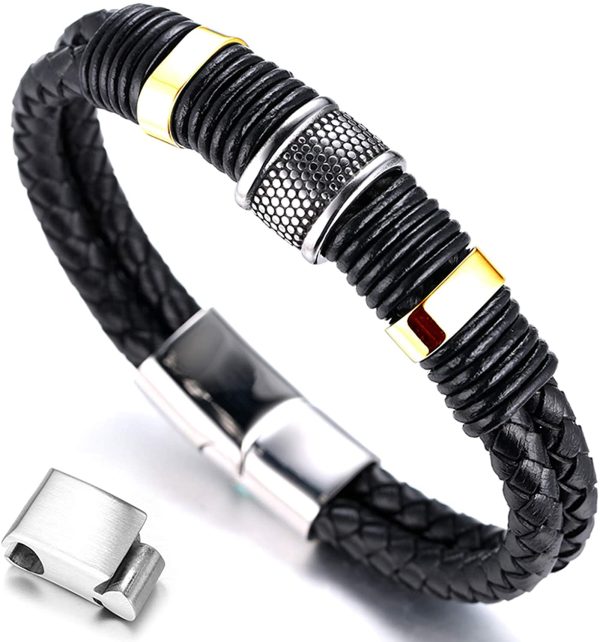 HALUKAKAH Kids ?? Solo Junior ?? Boy's 6-12+3 Y/O. Black Cowhide Leather Bracelet 18k Real Gold/Platinum Plated Titanium Beads Golden Silver Magnetic Clasp Size Adjustable 18-19.5cm with Free GIftbox - Image 6