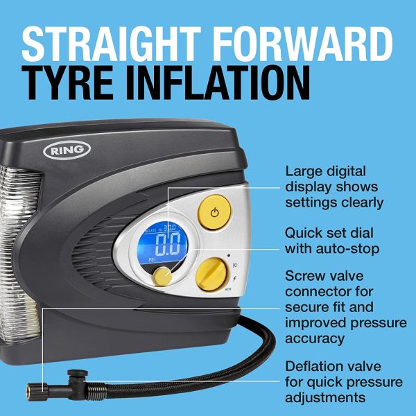 Ring RAC635 Preset Digital Tyre Inflator, Air Compressor Tyre Pump, 3 Min Tyre Inflation, LED Light, Carry Case, Valve Adaptors, 12 V - Image 4