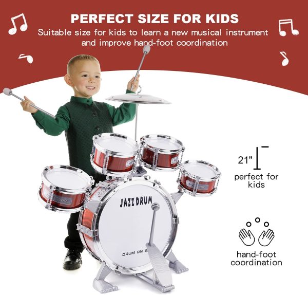 Junior Kids Drum Kit??Toddler Jazz Drum Toy 5 Drums & Cymbal Kit with Stool Mini Band Rock Set - Realistic Design Musical Instrument Percussion Toy Xmas Gift for Beginners Boys Girls, Red - Image 3