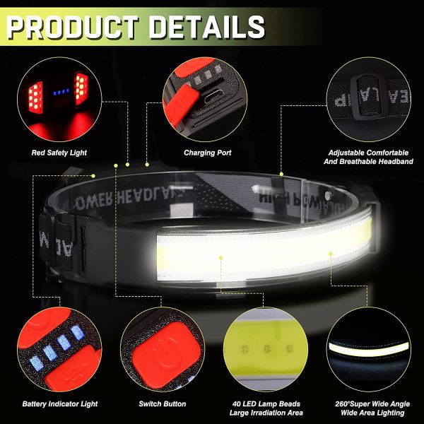 Head Torch,2 Packs Super Bright 1500 Lumens 260° Wide Beam Headlamp,USB Rechargeable Powerful Headlight,IPX6 Waterproof and Red Taillight Headlamp,Led Head Torch for Camping,Fishing,Cycling,Hiking - Image 3