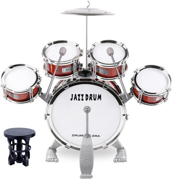 Junior Kids Drum Kit??Toddler Jazz Drum Toy 5 Drums & Cymbal Kit with Stool Mini Band Rock Set - Realistic Design Musical Instrument Percussion Toy Xmas Gift for Beginners Boys Girls, Red - Image 6