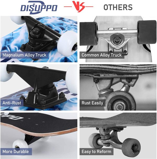 DISUPPO Skateboards,31" x 8"Complete Standard Skate Board for Beginners,7 Layer Canadian Maple Double Kick Skateboard for Adults, Boys, Girls, Kids, Teens - Image 5