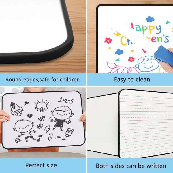 Lined Dry Erase Board for Kids A4, Ruled & Blank Kids White Board Writing Learning at Home, Double Sided Portable Whiteboard with 8 Markers & 3 Erasers (Black) - Image 2