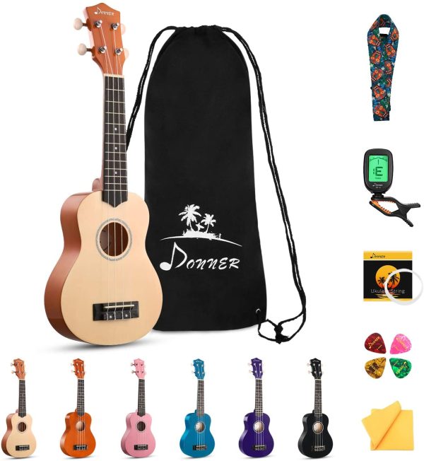 Donner Soprano Ukulele Kid Beginner Kit Ukulele 21 inch Child Starter Set Adult Ukelele Hawaii Guitar with Uke Oneline Lesson String Tuner Picks DUS-10 Natural