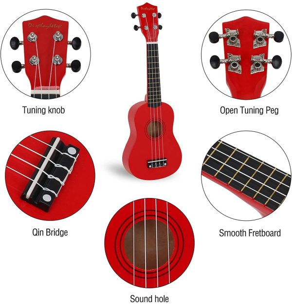 Display4top 21 Inch Soprano Ukulele,Professonial Ukele for Kids Bundle with Gig Bag, Picks,Extra Strings (Red)