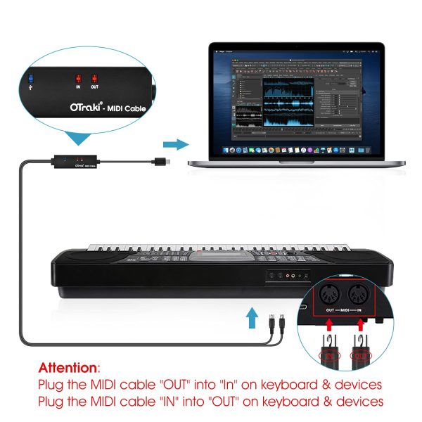 OTraki USB C MIDI Cable 6.5Ft 2M In-Out MIDI to USB C Cable with LED Indicator 5 PIN DINs for Music Keyboard Piano to PC Laptop USB MIDI Interface Converter for Home Music Studio - Image 4