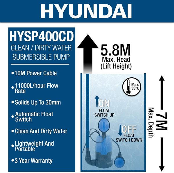 HYSP400CD Heavy Duty 400W 230V Electric Submersible Dirty & Clean Water Pump Includes 10 Metre Power Cable Float Switch & Hose Connector - Blue - Image 7