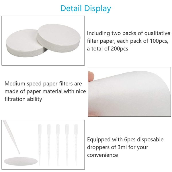 CHIFOOM 200pcs Qualitative Filter Paper,11cm 3ml Round Medium Flow Rate Filter Paper with 6pcs Disposable dropper for Laboratory Filtration Supplies - Image 3