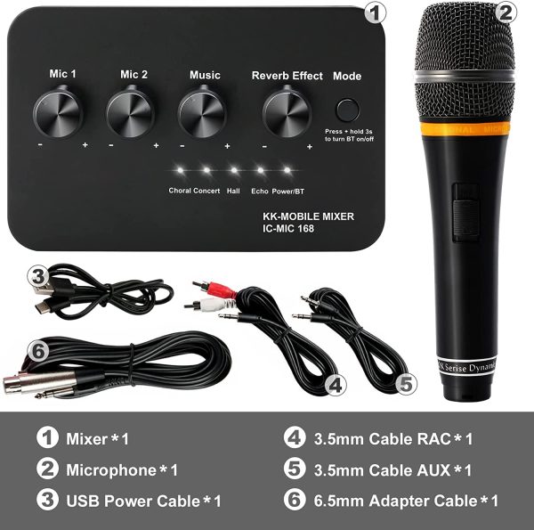 Karaoke Mixer, Inncen Microphone Mixer System with Microphone, 4 Switchable Reverb Effect & 2 Microphones Output for Karaoke, Home Theater, Speaker, Compatible with Mac, PC, iOS and Android