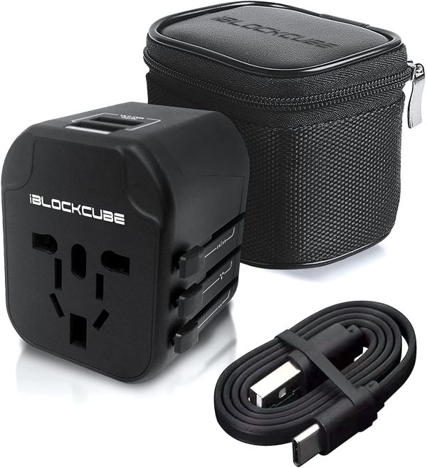 iBlockCube Worldwide Travel Plug Adapter with 2 USB 2.4A Charging Ports, International Universal AC Socket, Dual Safety Fuse, Chip Protector for US UK EU AU Mobile Phone Tablet Laptop Gadget (Black) - Image 3